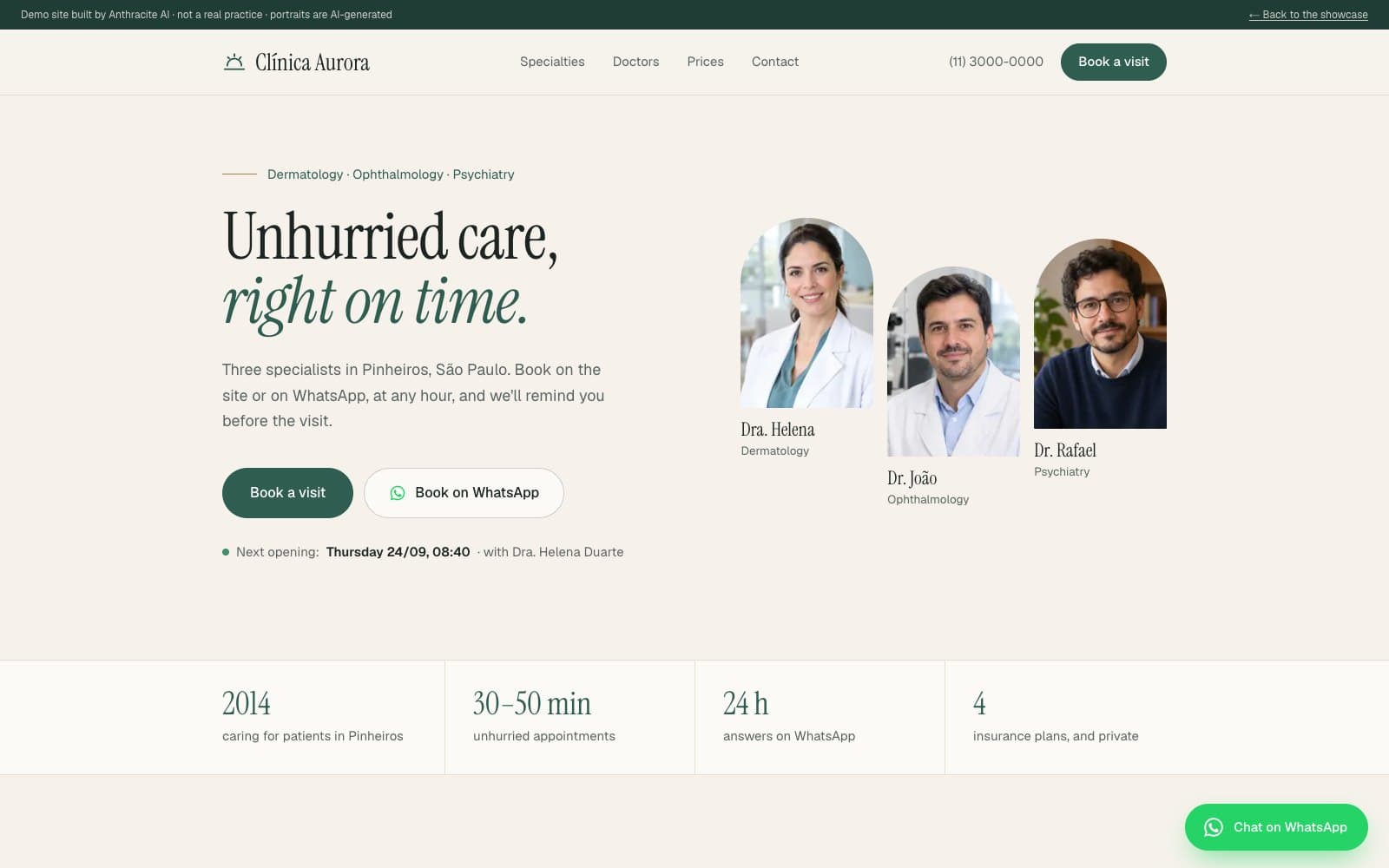 Clínica Aurora demo site: 'Unhurried care, right on time.', Book a visit, Book on WhatsApp, the next opening, and the three doctors.