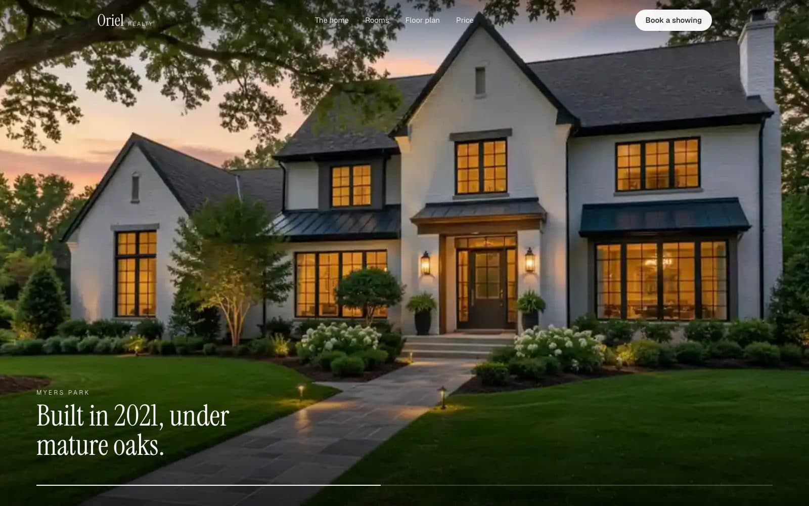 Oriel Realty demo site: a 4-bed modern transitional in Myers Park, Charlotte, the house at dusk, the key facts and 'Book a showing'.