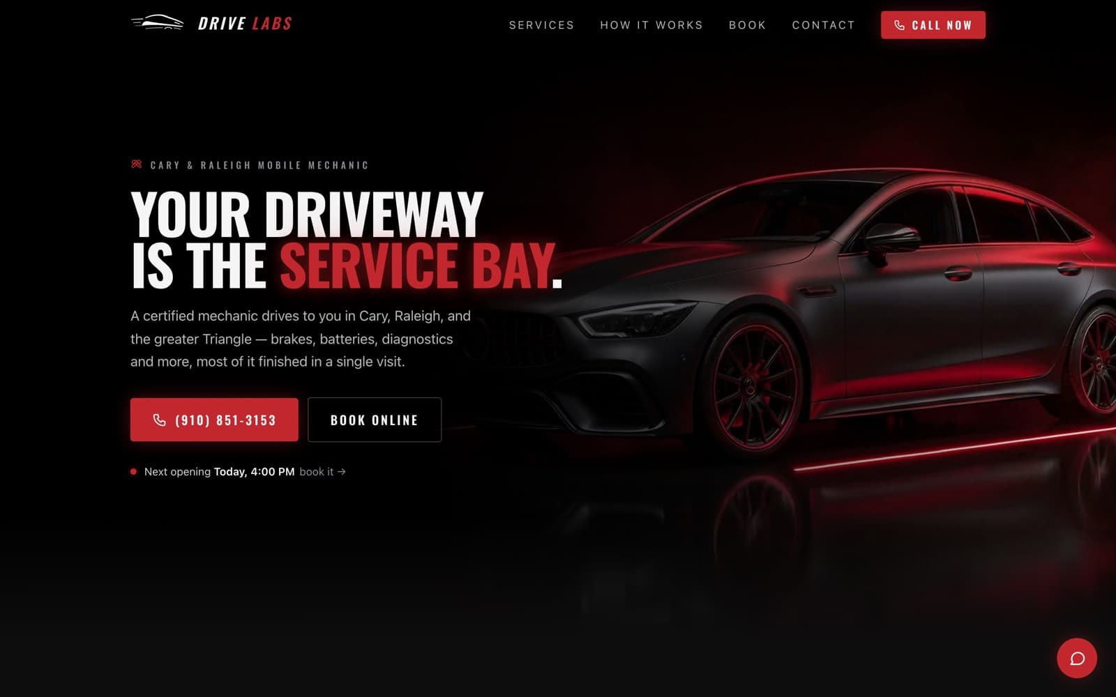 Drive Labs Auto Care homepage: 'Your driveway is the service bay', the phone number, Book online, and the live next-opening slot.