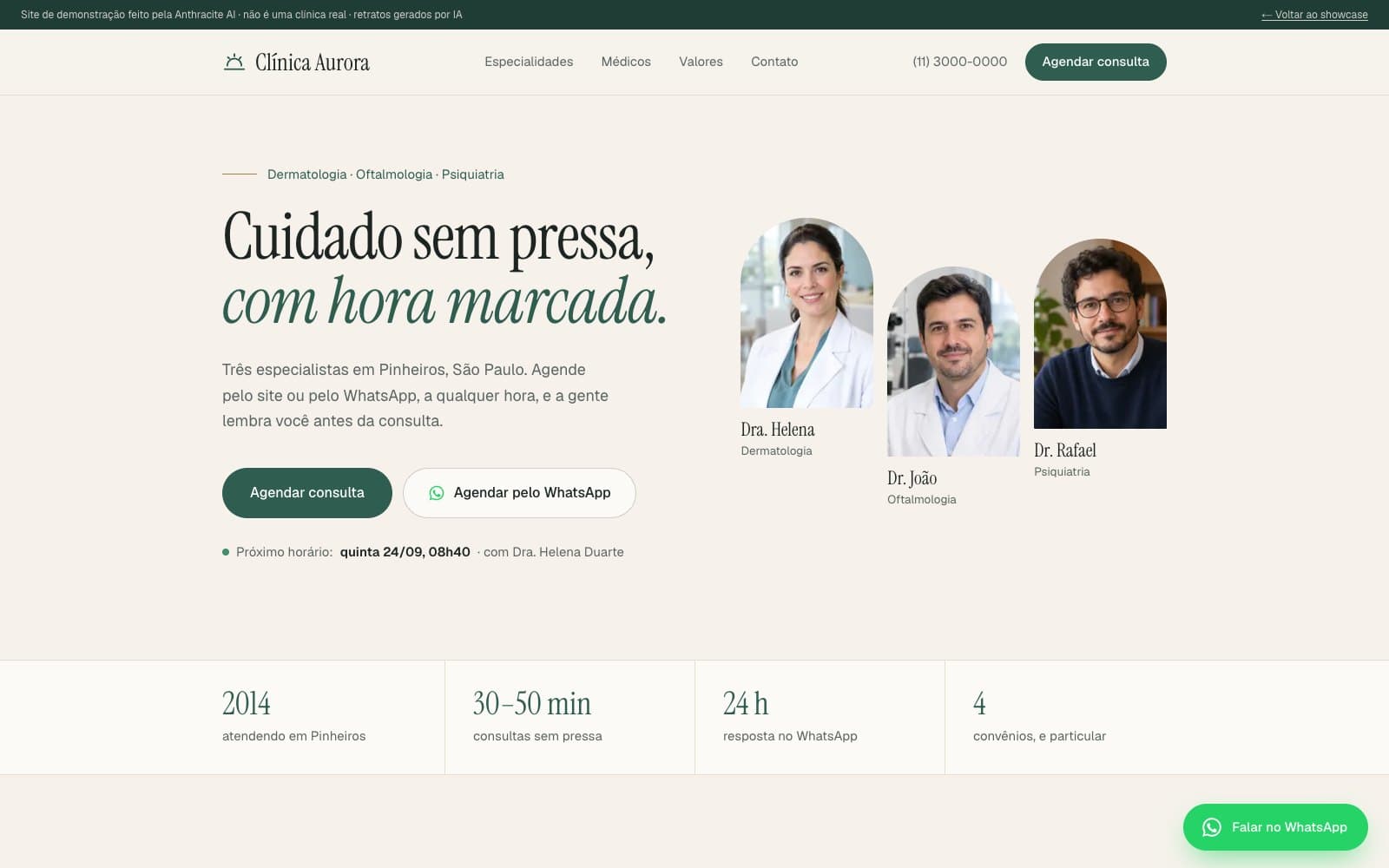 Site de demonstração da Clínica Aurora: 'Cuidado sem pressa, com hora marcada.', Agendar consulta, Agendar pelo WhatsApp, o próximo horário e os três médicos.