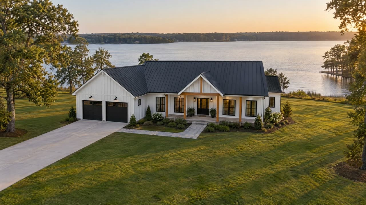 The demo lake house from a drone. Scrolling flies the camera toward the front porch.